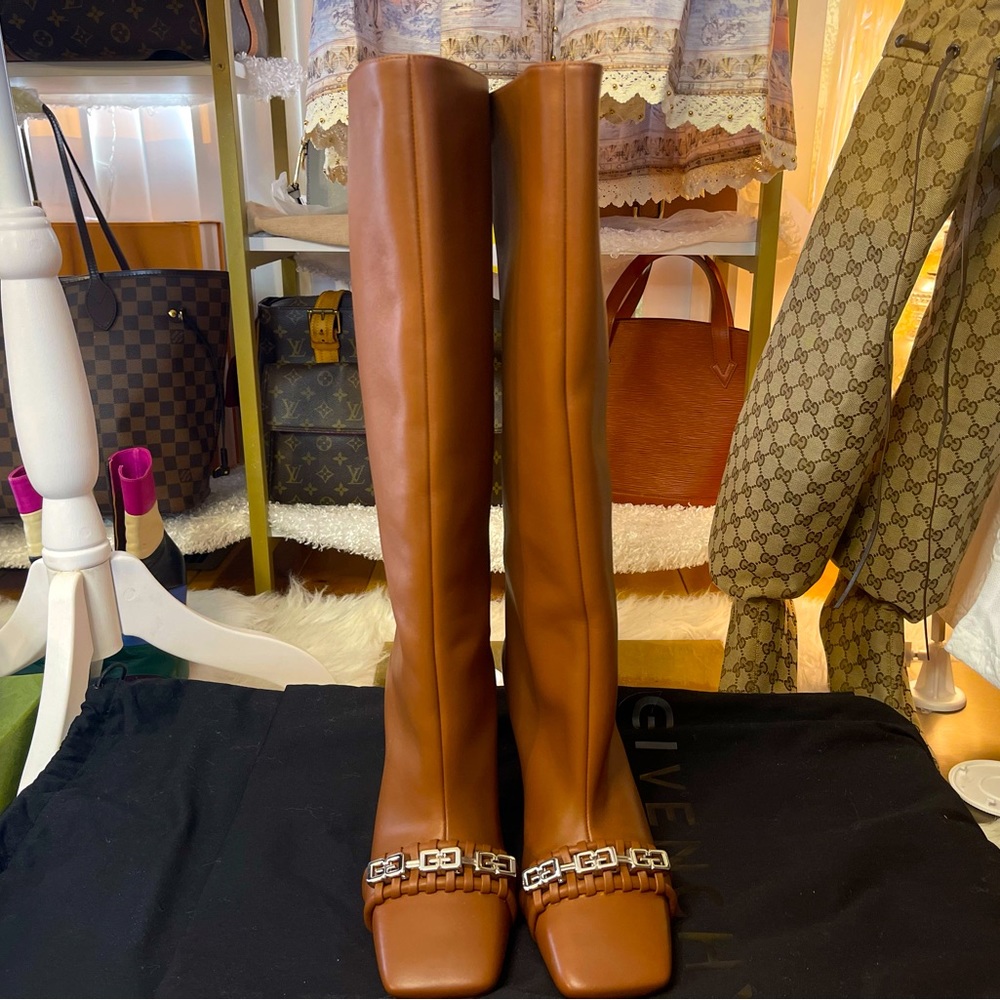 GIVENCY Leather Woven Toe Knee- High Boots 90